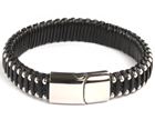 Black Woven Leather with Interwoven Stainless Steel Beads and Clasp Bracelet
