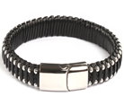 Brown Woven Leather with Interwoven Stainless Steel Beads and Clasp Bracelet