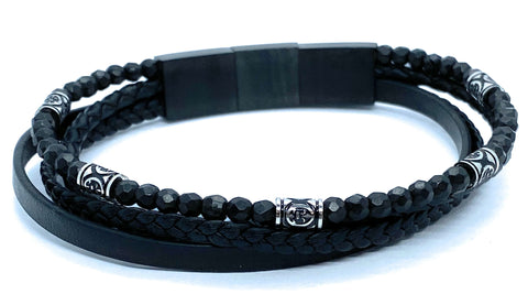 Black leather and Stone Multi Strand Bracelet