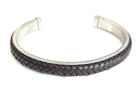 Brushed Steel Bangle with Brown Leather
