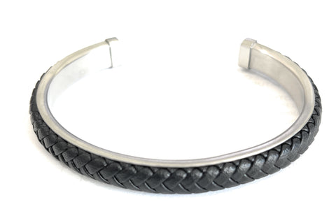 Brushed Steel Bangle with Black Leather