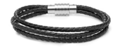 KERMAR - Triple Black leather bracelet with Steel clasp (KM-1159)