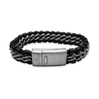 KERMAR Black Braided Leather and Stainless Steel Bracelet with Stainless Steel Clasp (KM-0030)