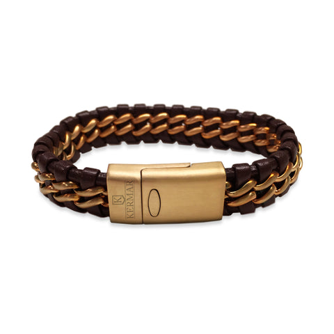 KERMAR Brown Braided Leather and Stainless Steel Bracelet with Rose Stainless Steel Clasp (KM-0031)