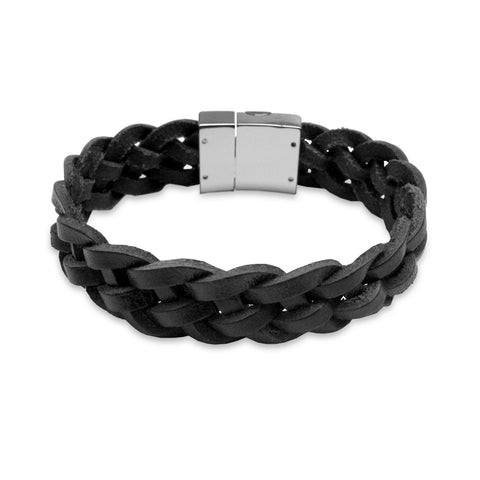 KERMAR Black Leather Braided Bracelet with Stainless Steel Clasp (KM-0033)
