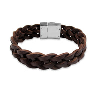 KERMAR Brown Leather Braided Bracelet with Stainless Steel Clasp (KM-0034)
