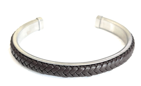 KERMAR Brushed Steel Bangle with Brown Leather (KM-0064)