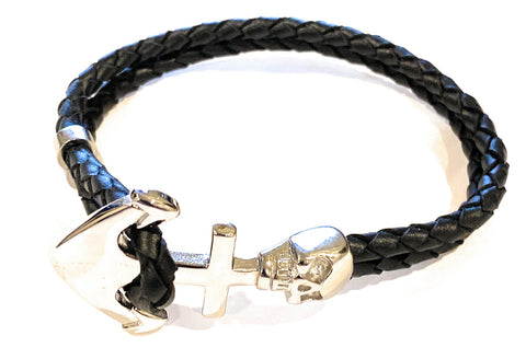 KERMAR Black Leather Bracelet with Stainless Steel Anchor with Skull Clasp (KM-0200)