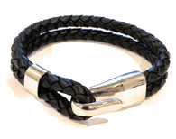 KERMAR Black Leather Bracelet with Hook Stainless Steel Clasp (KM-0201)