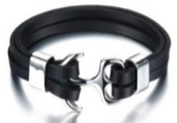 KERMAR Black Leather Bracelet with Anchor Stainless Steel Clasp (KM-0202)