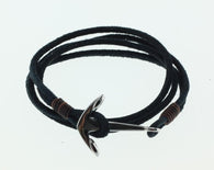 KERMAR Black Round Leather Bracelet with Stainless Steel Anchor Clasp (KM-0204)
